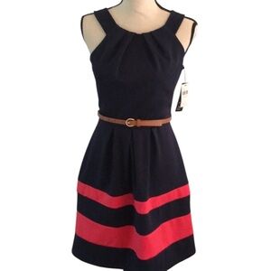 NEW BCX NAVY BLUE W/RED STRIPES SLEEVELESS, BELTED, SIZE 3, FIT & FLARE DRESS